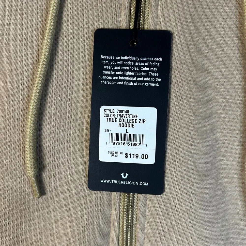 True Religion Mens True College Full Zip Hoodie Jacket Travertine Beige L NEW